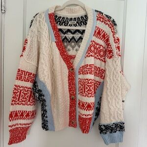 Anthropologie Red and Cream Patterned Cardigan
